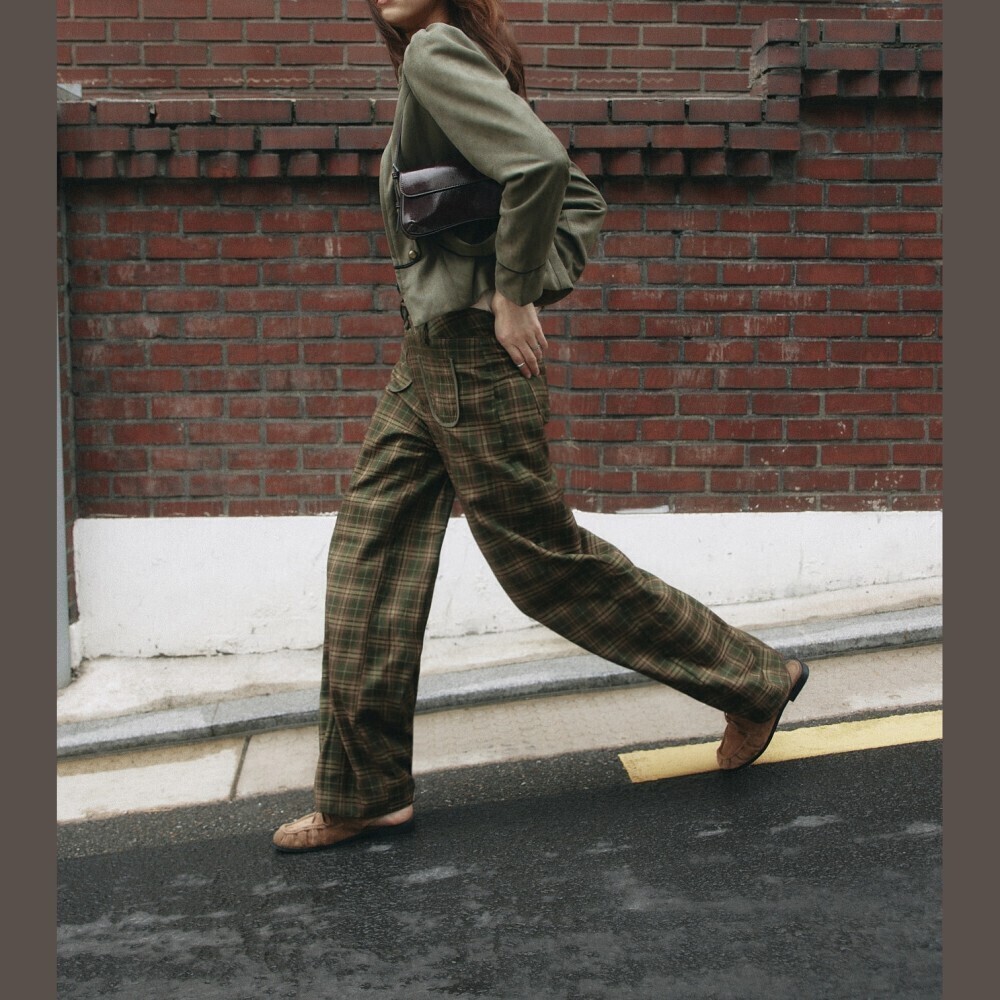 Olive Green Brown Plaid Woven Patch Pocket Wide Leg Extra Long Trousers